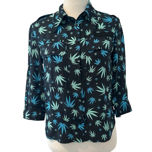 Zadig & Voltaire Black and Blue Leaf Print Shirt - Picture 1 of 13